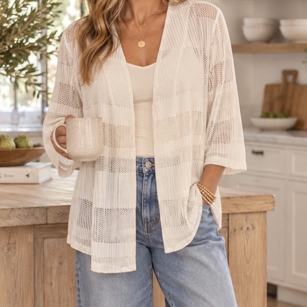 Chico's Easywear Cream Pleated Chevron Stripe Open Front Cardigan Size 1 M CR3